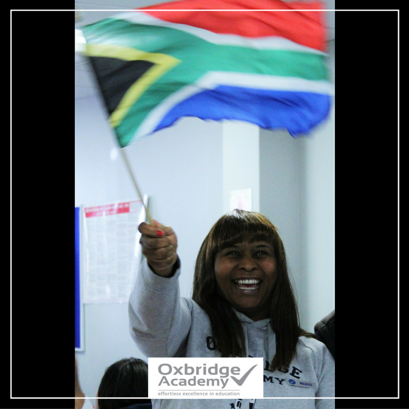 OxbridgeEdu's tweet photo. #TBT to when we had the #RioOlympics day at work. Don’t you think that our #RSAflag is one of the most beautiful flags in the world? https://t.co/hOghZL5Bp3
