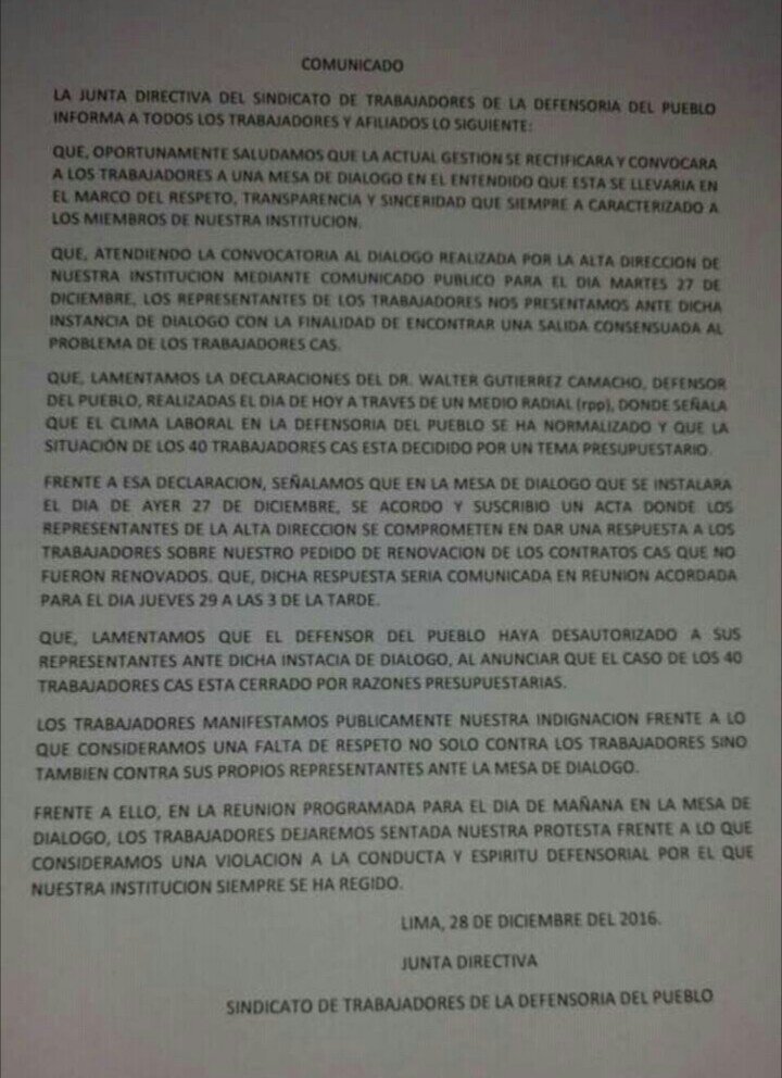 DPdignidad's tweet photo. Mañana en la 2da reunión del Comité de Diálogo se debe resolver situación de los 40 CAS no renovados. #YoquieroalaDefensoria con diálogo https://t.co/u9TKwMdHO4