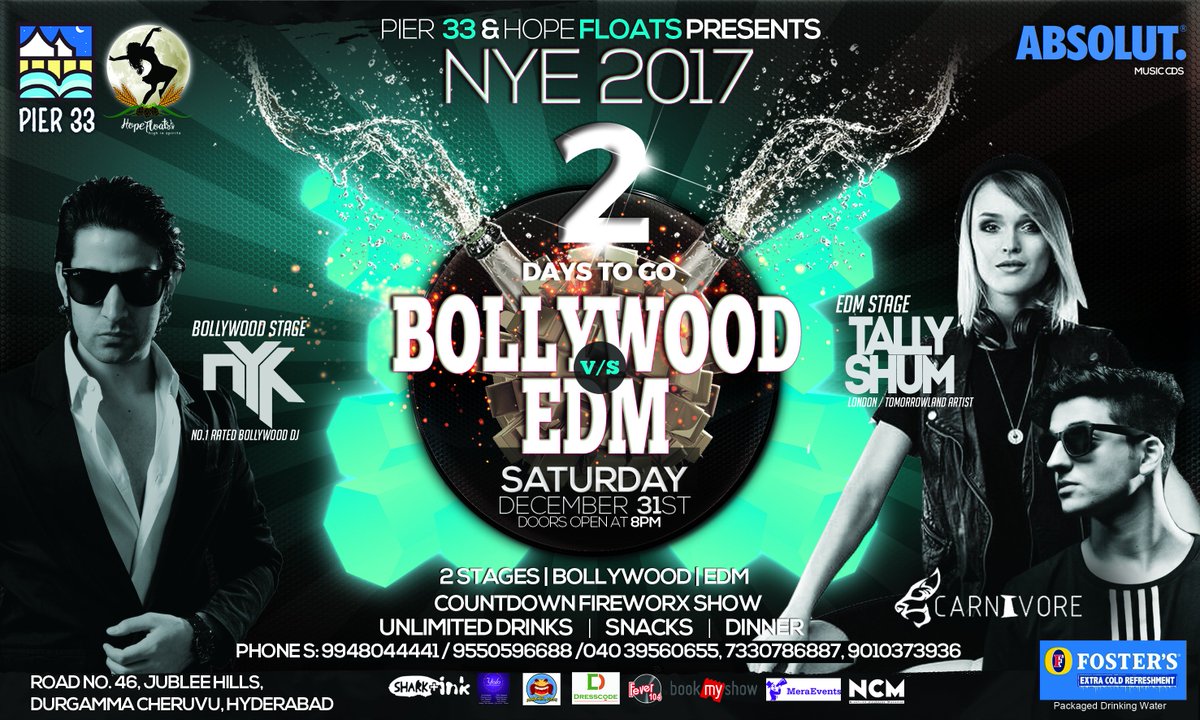 HopeFloatsOffl's tweet photo. #HERE_WE_GO! The #Biggest_Hottest #NYE_Party in #Hyderabad only at your favorite place #Pier_33 - #BOLLYWOOD_EDM. 9948044441, 9550596688 https://t.co/RFvsciHdml