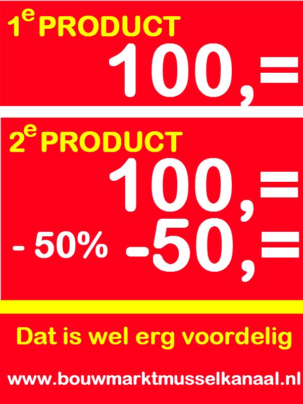 Ieder 2e product met 50% korting, wat moeten we nog meer zeggen. Kom en profiteer.