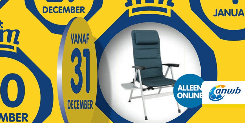 Vanaf zaterdag 31 december: Campingstoel. Licht aluminium constructie, incl. comfortabel hoofdkussen. webwinkel.anwb.nl/webwinkel/?utm…