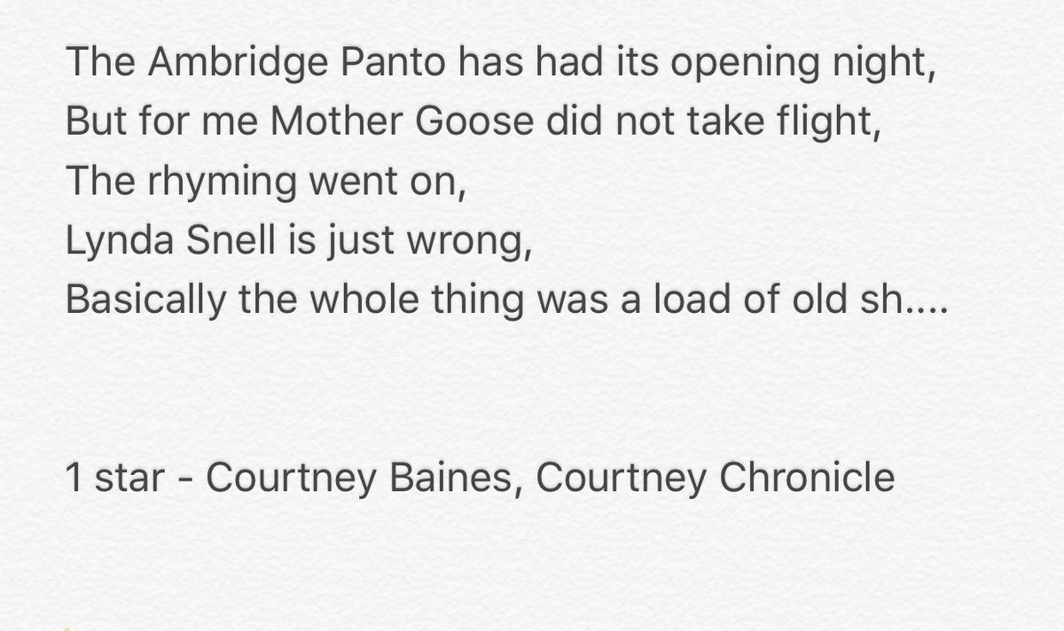 TheCourtous's tweet photo. My 1 star review of the annual Ambridge Pantomime. @BBCTheArchers https://t.co/VA19OydpwB