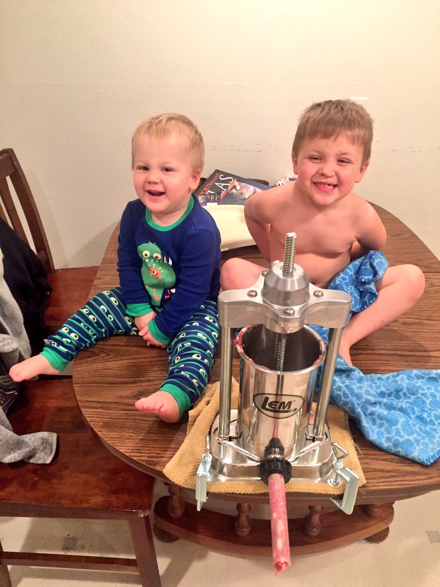FamilyObsession's tweet photo. My boys helped stuff 20lbs of casings for venison summer sausage yesterday. #LEM #backwoodsseasoning #familyobsession #venison https://t.co/j6JxqFacOG