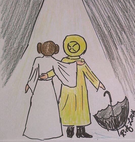 StefSimanowitz's tweet photo. A final curtain call for #CarrieFisher &amp; #DebbieReynolds. Brilliant cartoon by 'Rick L' (via @BistuaNuova) https://t.co/arynqVSes9