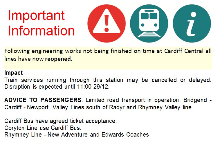 BartShillson's tweet photo. Service Update  - #CardiffCentral Following engineering works not being finished on time at Cardiff Central all lines have now reopened. https://t.co/eLkpZJskFd