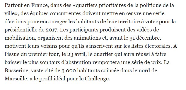 Le <a href="/ChallengCitoyen/">ChallengeCitoyen</a> pour faire baisser le taux d'abstention dans les quartiers prioritaires liberation.fr/france/2016/12…