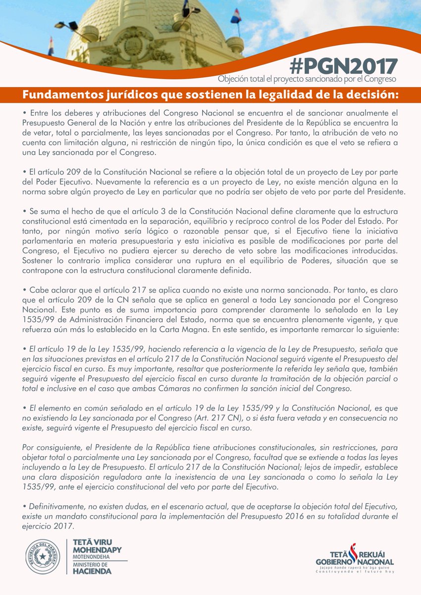 Conozca cuáles son los fundamentos jurídicos que sostienen la legalidad del veto total del #PGN2017 por parte de <a href="/PresidenciaPy/">Presidencia Paraguay</a>