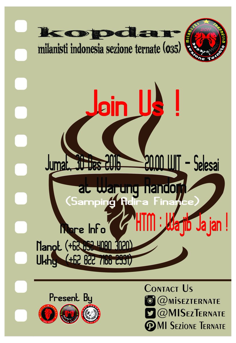 [KOPDAR] #MISezTernate 035

📆 Jumat, 30 Des 2016
⌚ 20.00 WIT - Selesai
📌 Warung Random
📱Nanot &amp; Ukhy
Info lengkap cek flyer
<a href="/MilanistiOrId/">Milanisti Indonesia</a>