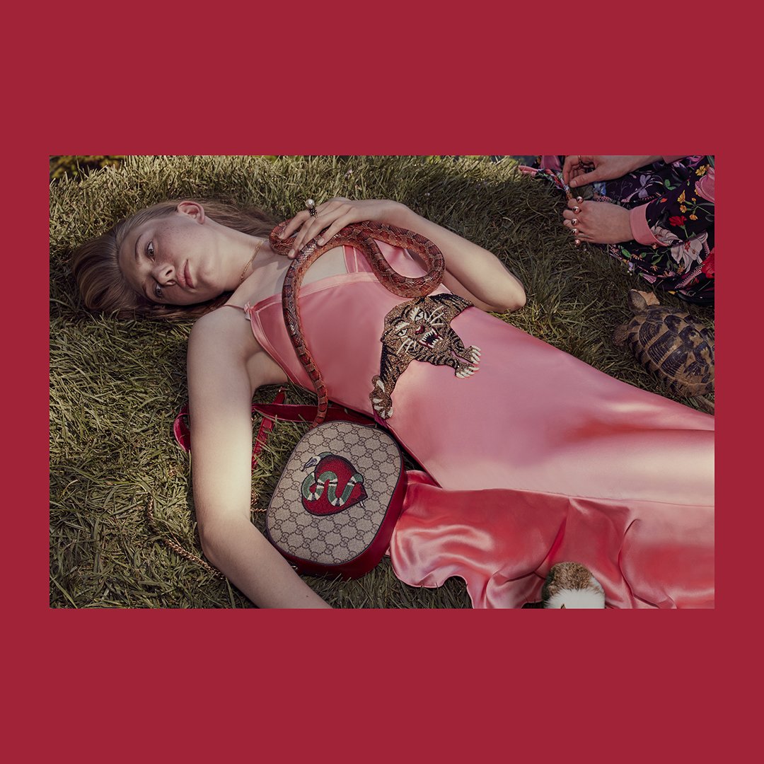 A beaded feline appliqué decorates a pink satin gown with ruffles from #GucciCruise17. #GucciGarden