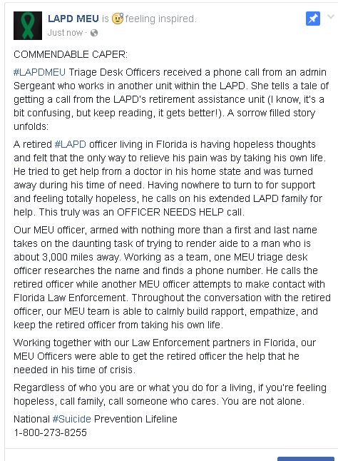LAPDMEU's tweet photo. Check out our Commendable Caper on our Facebook page https://t.co/vSLdcVfJg8 Our officers save lives everyday. #lapdmeu https://t.co/kx41qllaws