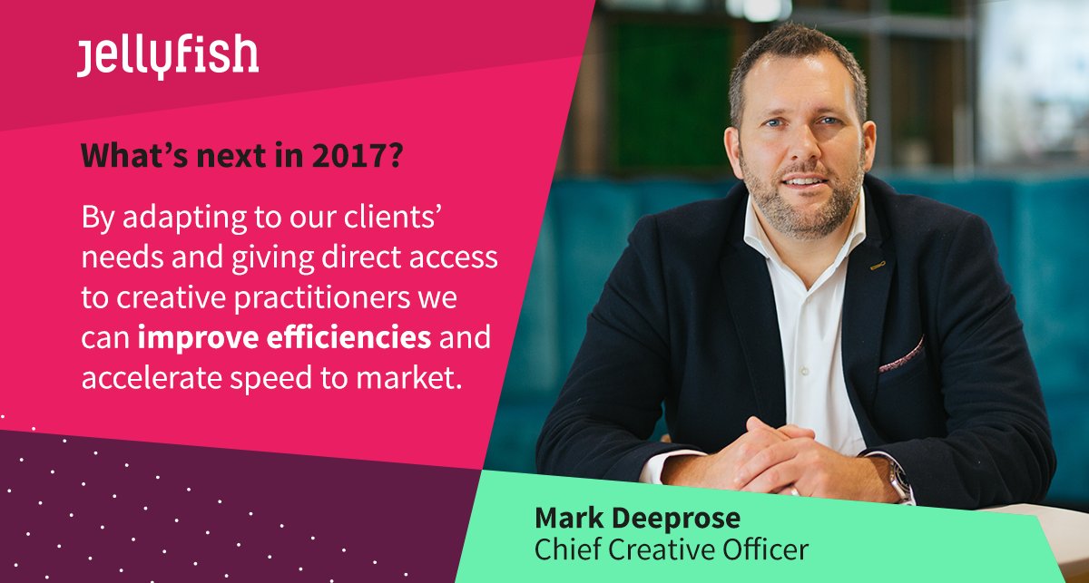 jellyfishglobal's tweet photo. Chief Creative Officer, Mark Deeprose gives his tips on how we'll improve efficiencies in #2017. #digitalpredictions #digitalcreativity https://t.co/h8VZFhcpDy