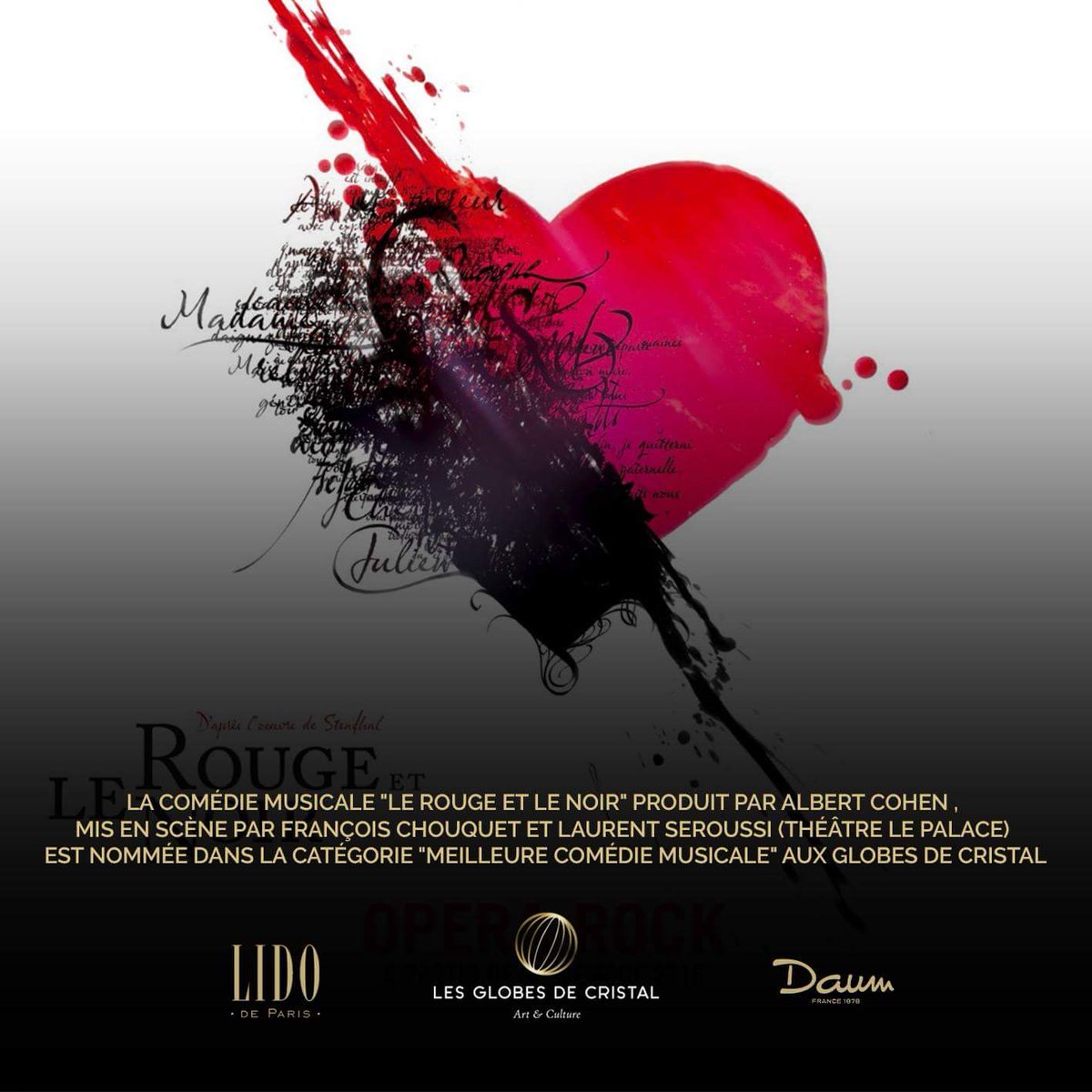 LesGlobes's tweet photo. La comédie musicale "Le rouge et le noir" est nommée dans la catégorie "Meilleure comédie musicale" aux Globes de Cristal. https://t.co/GpZRrXmWur