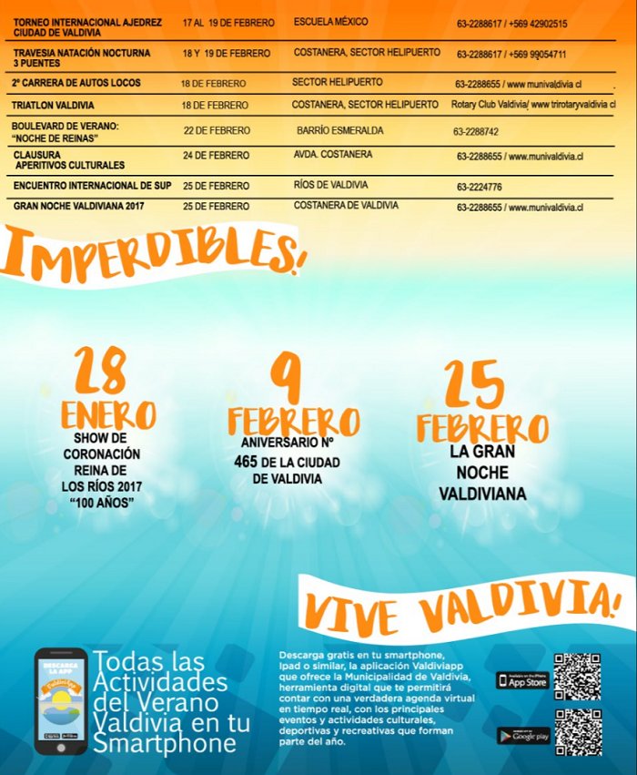 munivaldivia's tweet photo. Dejamos con ustedes el programa oficial Verano en #valdiviacl @austral_losrios @biobio @Omar_Sabat #losrios @atvvaldivia @elnaveghable https://t.co/L1HiiG5j4r