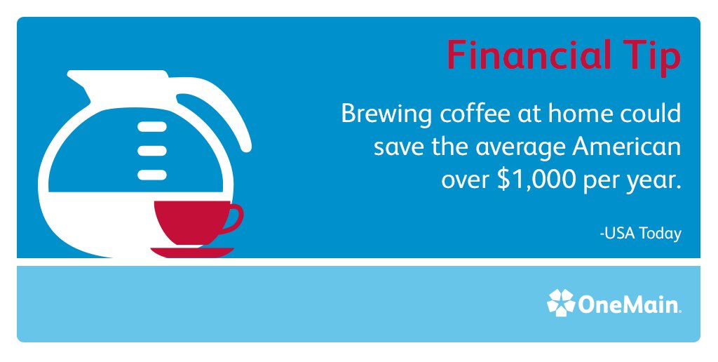 OneMain's tweet photo. #DIY coffee can save you money. Coffee brewed at home can cost as little as 27 cents per cup. https://t.co/RRlQ7Bmq7j https://t.co/nwaaUQ12G7