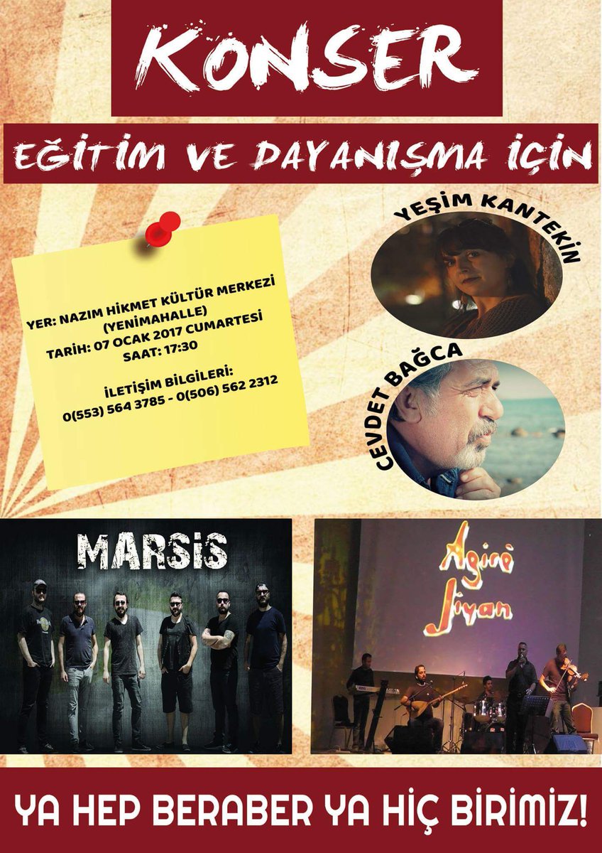 #ŞunuYazayımDedim 7 Ocakta Ankara Yenimahalle Nazım Hikmet Kültür Merkezindeyiz. Marsis, Cevdet Bagca ve Agire Jiyan'la türküler söylüyoruz.