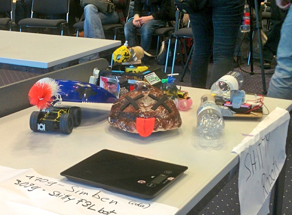 Poschi3's tweet photo. Shitty robot / Hebocon battle about to start in #HallF #33c3 https://t.co/DRJtqoxWpp