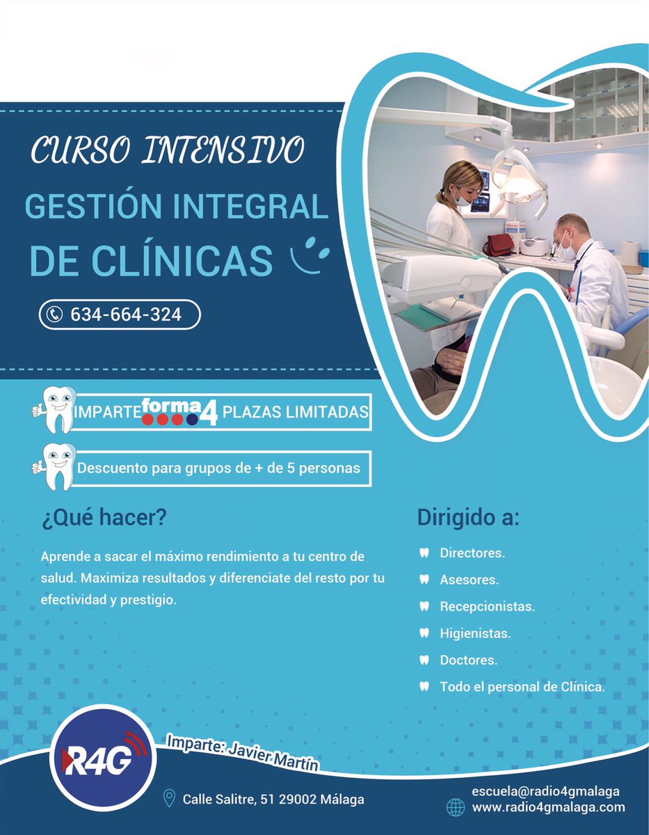 Forma4G's tweet image. Desde enero disponible el intensivo de gestión integral de Clínicas. Plazas limitadas!! Descuento para grupos y clínicas.