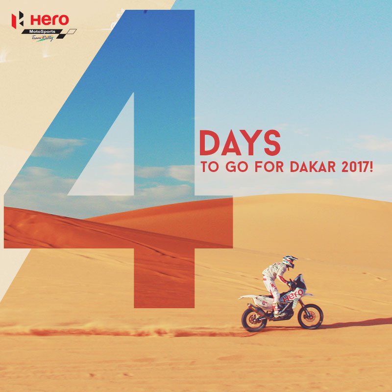 The Countdown has begun! Hero MotoSports Team Rally is ready for <a href="/dakar/">DAKAR RALLY</a> race, starting 2nd Jan. 2017 from Asuncion, Paraguay! #HeroAtDakar