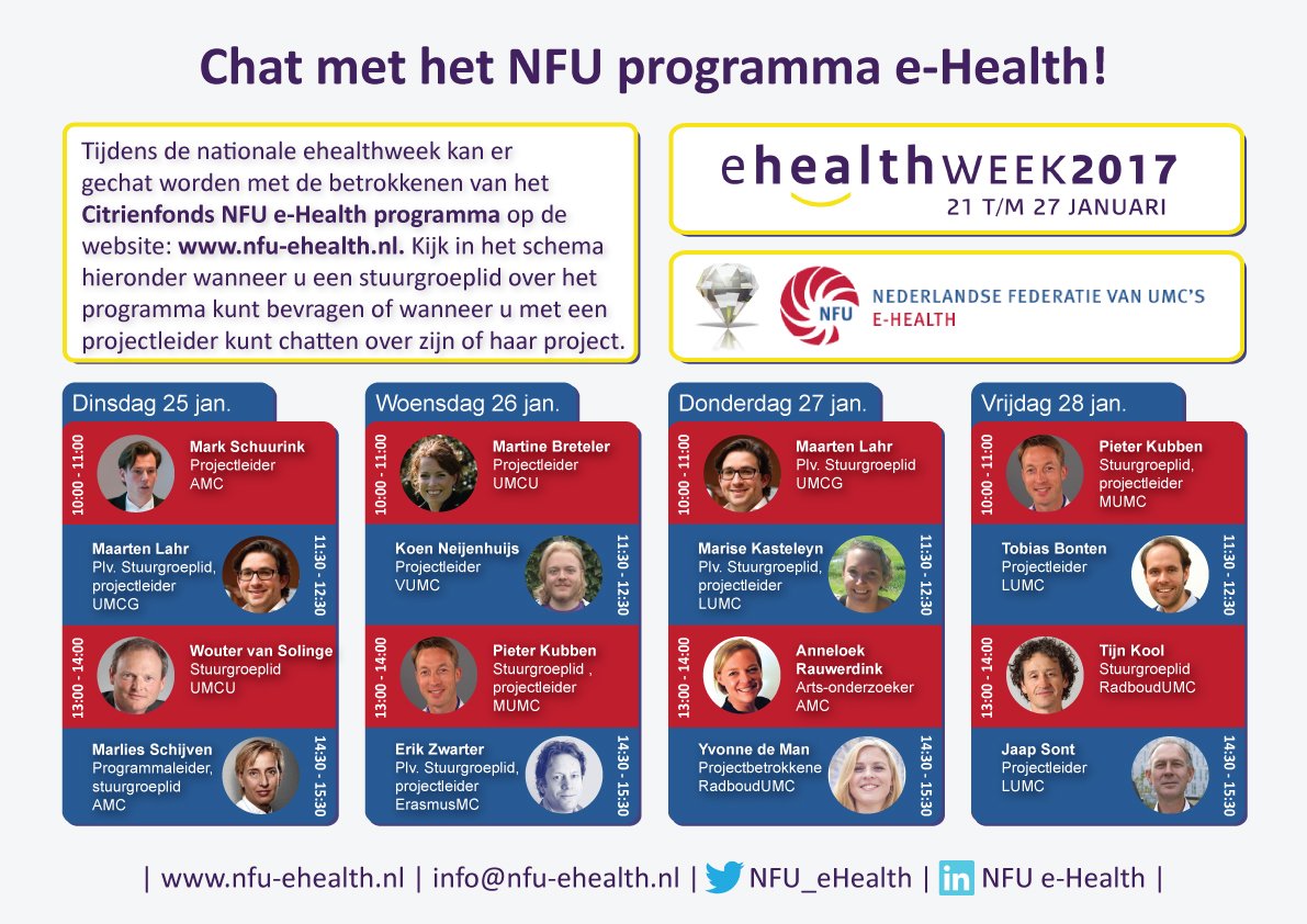 NFU_eHealth's tweet photo. NFU e-Health doet mee aan de Nat ehealthweek! Chat mee &amp; maak t verschil:evidence-based ehealth @ehealthwkNL #EHW17 https://t.co/AM1tL9nAZS