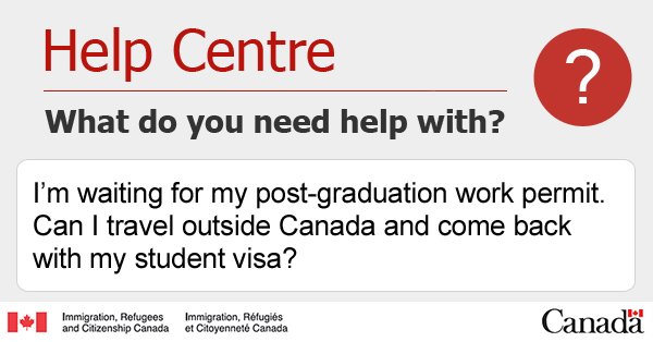 CitImmCanada's tweet photo. Waiting for your PGWP, and unsure if you can travel outside Canada and come back? Find out in the #HelpCentre. https://t.co/SFYLQb1BHf https://t.co/Qj0tefhFef