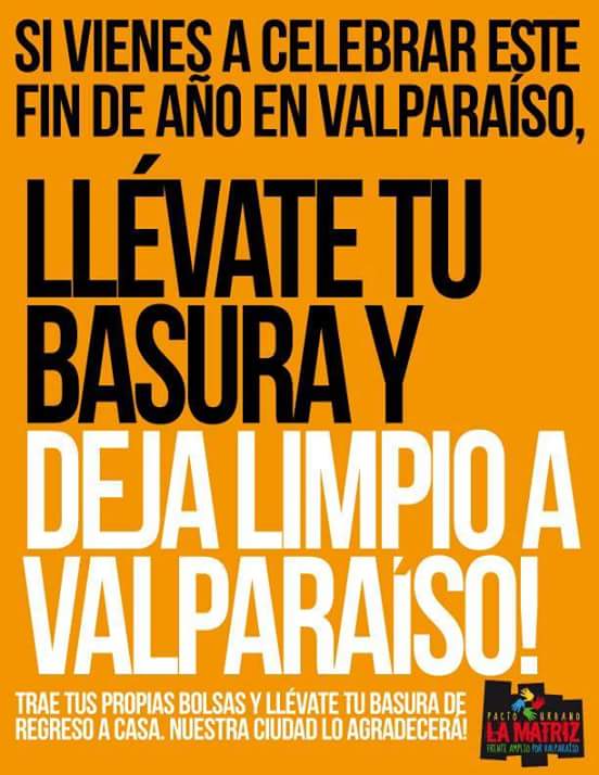 MarceloArellan's tweet photo. Por un #valpolimpio y #valposinrayados
Celebra de buena forma este Año Nuevo
@TeAmoValpo @JorgeSharp @biobio https://t.co/bCPtVNojd9