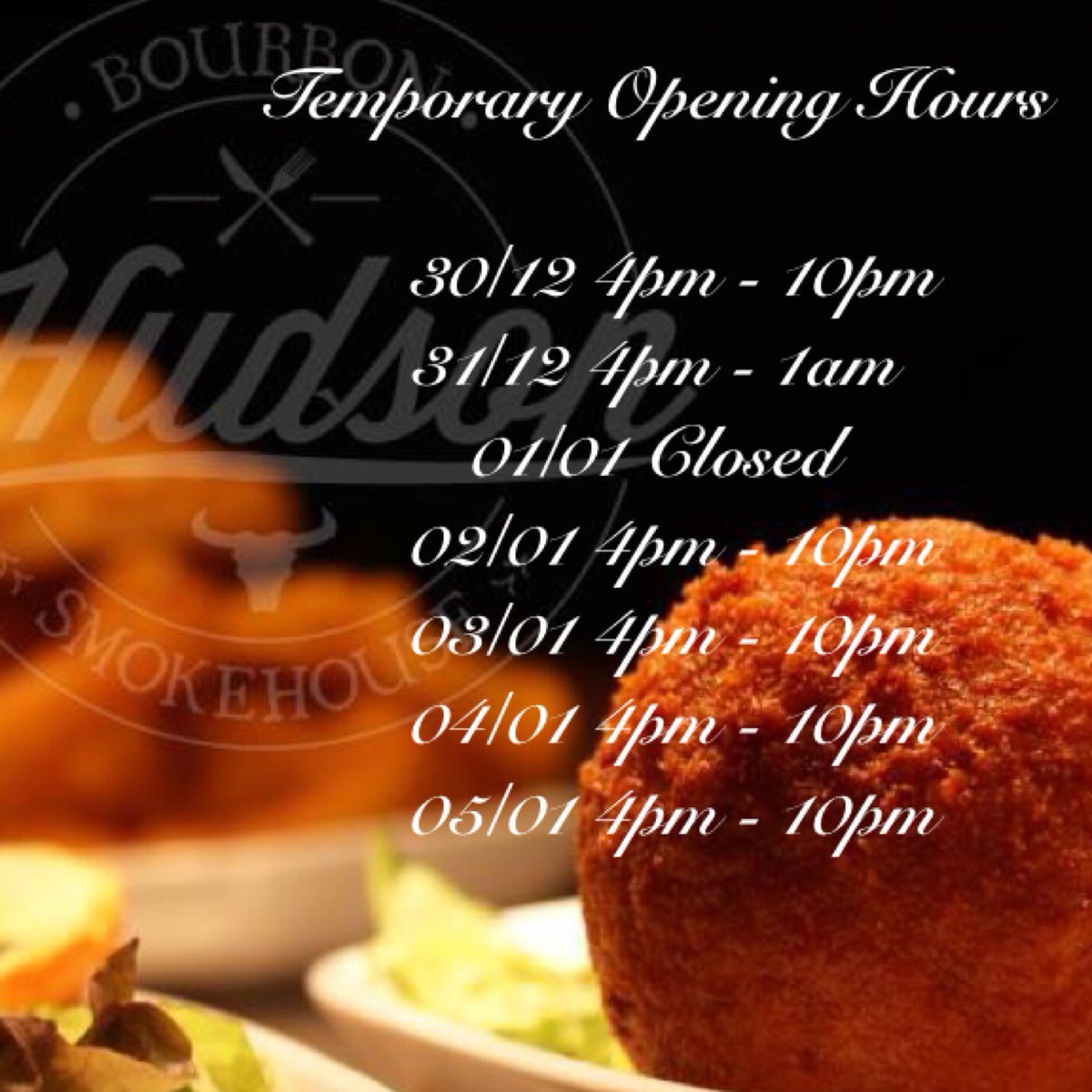 HudsonSmokehs's tweet photo. Temporary Opening Hours for the coming week! We'd love to see as many of you as possible, feel free to pay us a visit! https://t.co/DYNb11kr7i