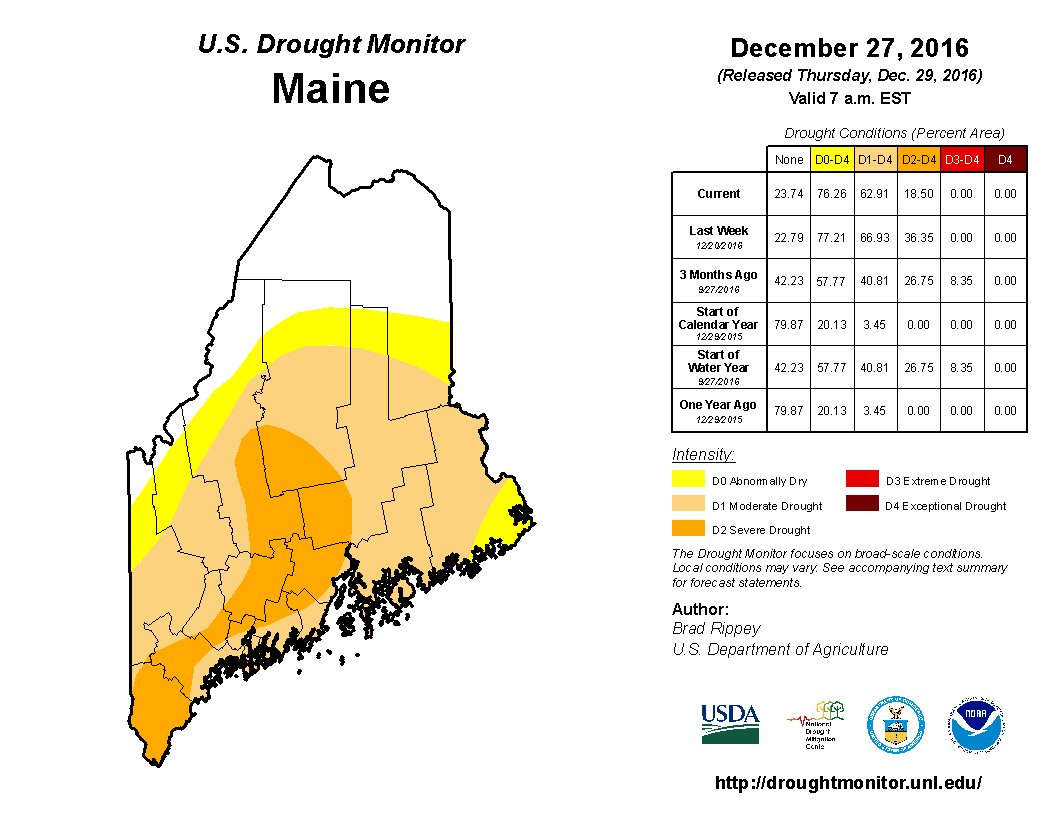 NOAANCEI's tweet photo. December 27: Drought intensity reduced in south-central Maine #MEdrought https://t.co/lZXu4mbhu6 #DroughtMonitor https://t.co/hBAcxcFrO4