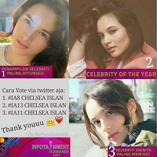 CIFC_JKT's tweet photo. Hai jangan lupa vote @chelseaislan di infotaiment award 2017.Cara vote nya via twitter https://t.co/sUsFXtv9Qu