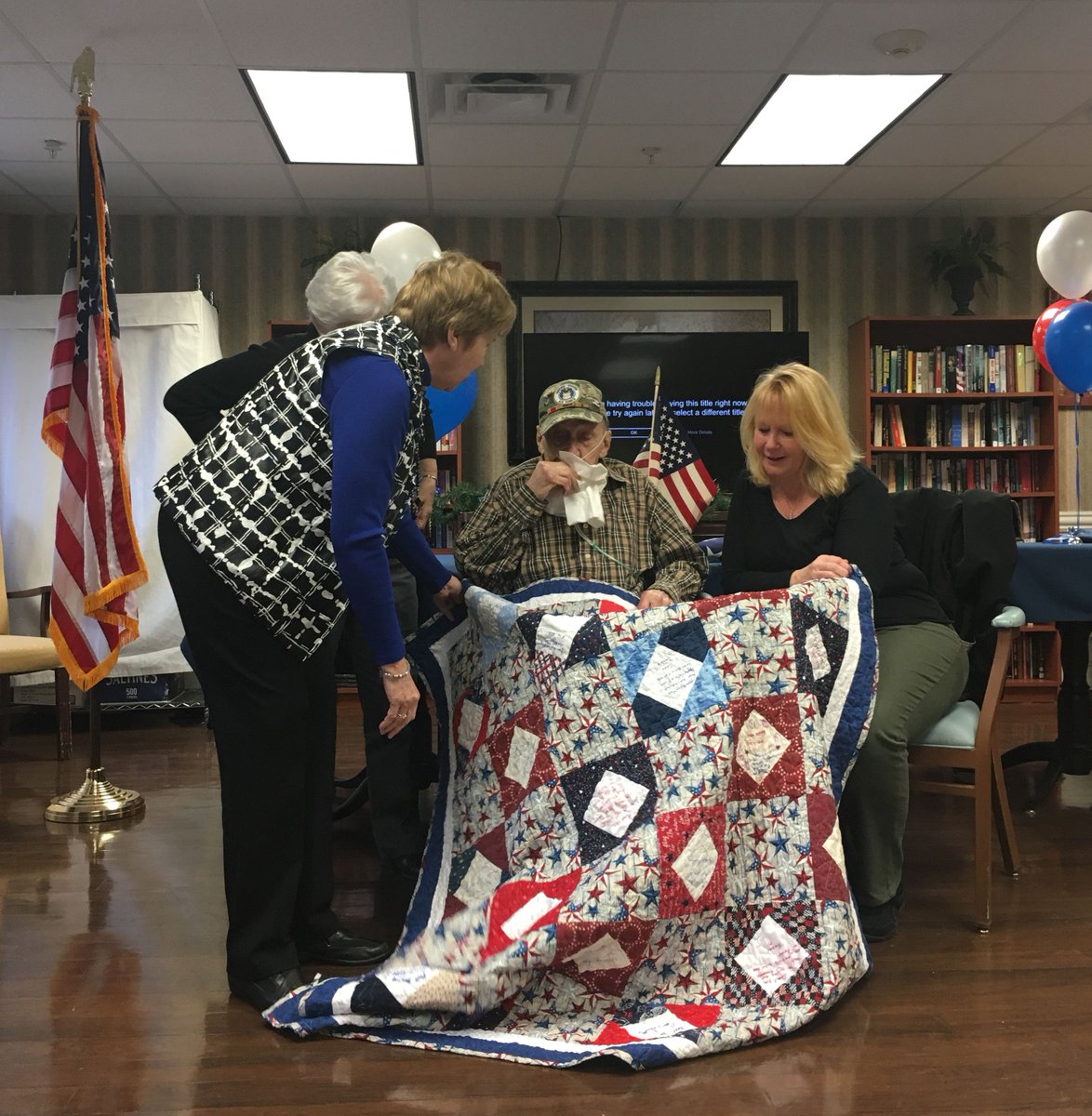 wedgwoodgardens's tweet photo. Our Resident & Veteran, Charlie, loves his quilt stitched with love by the #QuiltsofValorFoundation. Thank you to Charlie for his service! https://t.co/qRxpOhJrch