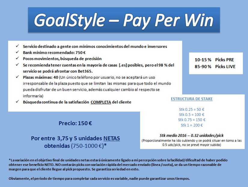 GoalStyle's tweet image. Nuevo modelo de servicio PayPerWin

Inicio: Fin de semana 7-8 Enero

MÁS Info / Inscripciones: GoalStyle@hotmail.com

¡Se agradece difusión!