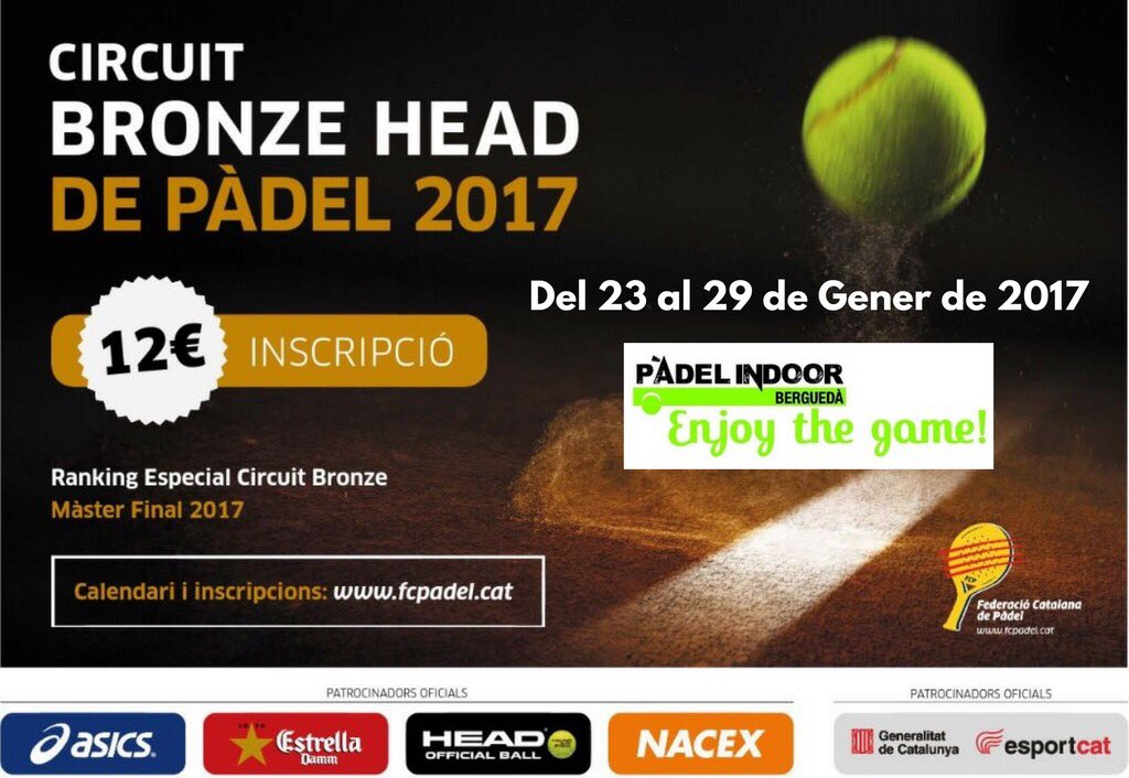 indoorbergueda's tweet photo. Del 23 al 29 de gener tindrem l’honor de celebrar la primera prova del Circuit Bronze Head de pàdel de la @FCatalanaPadel del 2017 🎾🎾🎾🎾 https://t.co/E1fNvl2Yfy