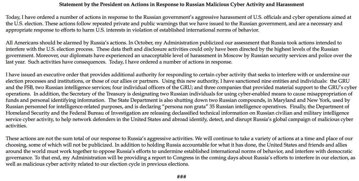 Read the statement by <a href="/POTUS/">President Donald J. Trump</a> on U.S. actions in response to Russian malicious cyber activity and harassment:
go.wh.gov/vLyuTu