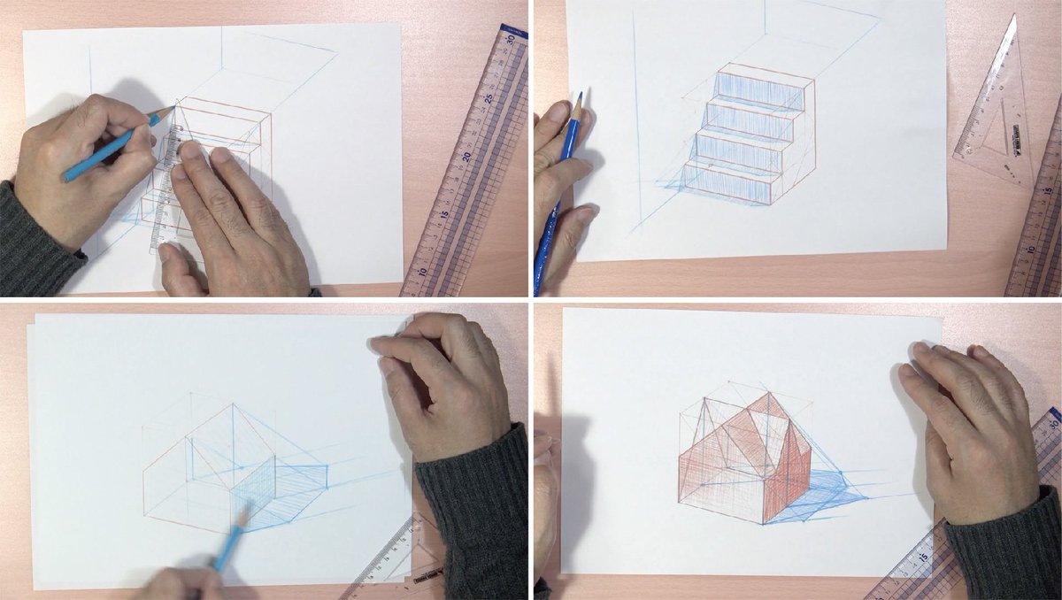 代々木デッサン教室 V Twitter 代々木デッサン教室 授業紹介 パース基礎コース 影パース 影は立体として捉える クリスタ１点パース 展開図から作図 建物 分割法から切り出す感覚で描く