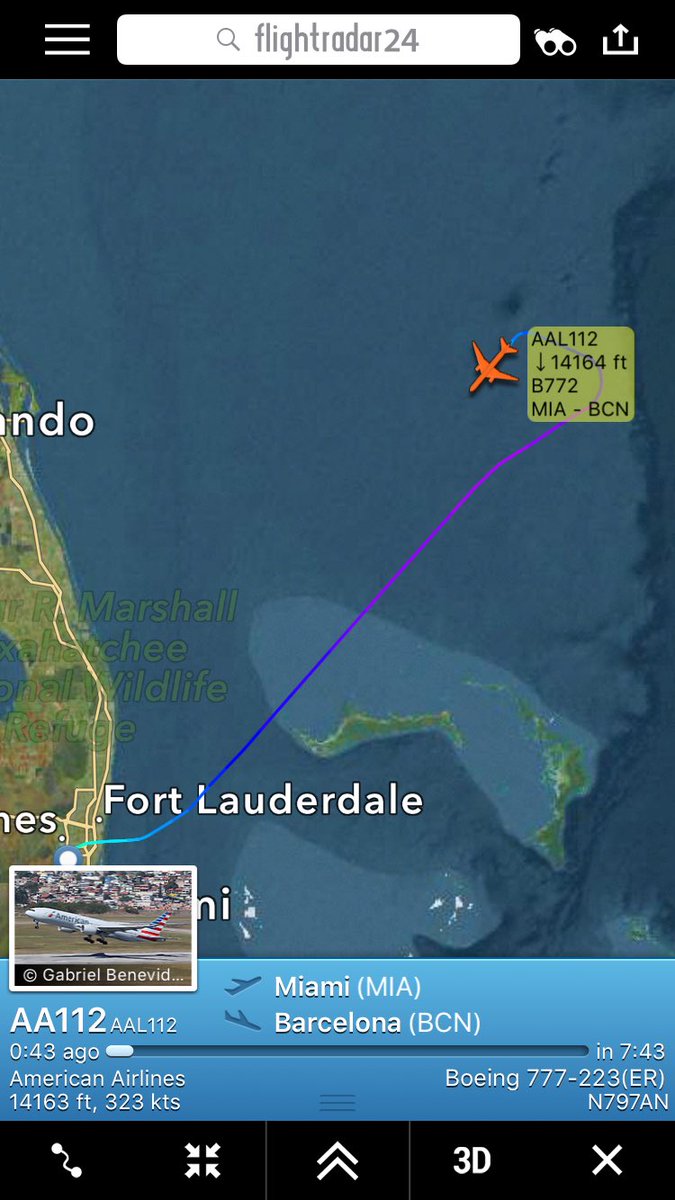 TomPodolec's tweet photo. DIVERSION @AmericanAir #AA112 to Barcelona returning to #Miami. https://t.co/32YBHwHr4L