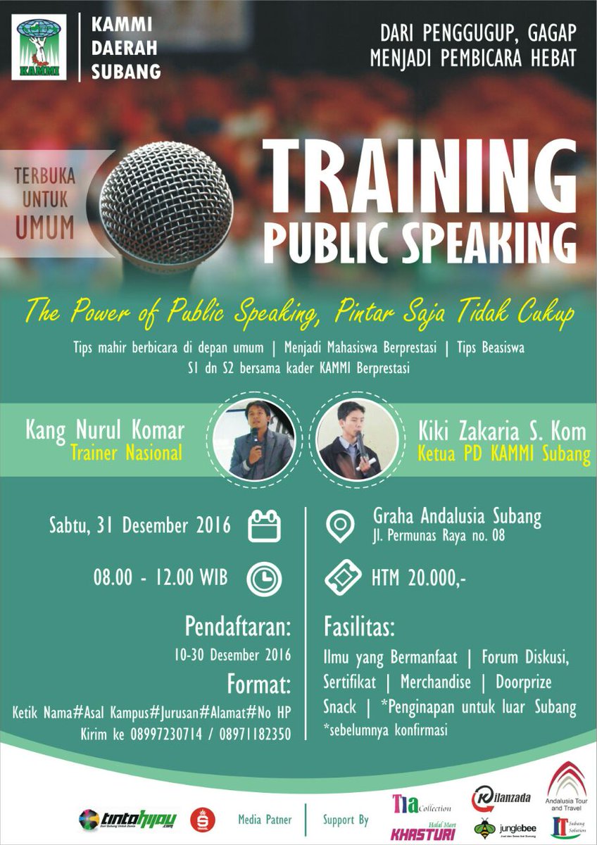 subangtalkcom's tweet photo. #eventSBG Ikuti Training Public Speaking, di Graha Andalusia Subang, Sabtu (31/12/2016) CP: 08997230714 https://t.co/UrgO10jsEU