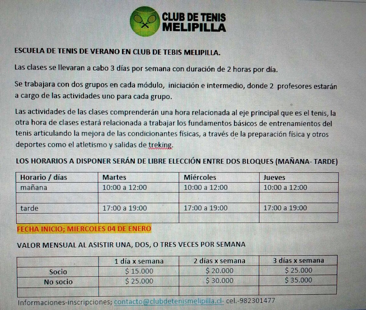 TenisMelipilla's tweet photo. Escuela de Verano en Club de Tenis Chocalan.......reserva tu cupo!!
@CGPMedios @noalruido https://t.co/S3SnBWoWP7