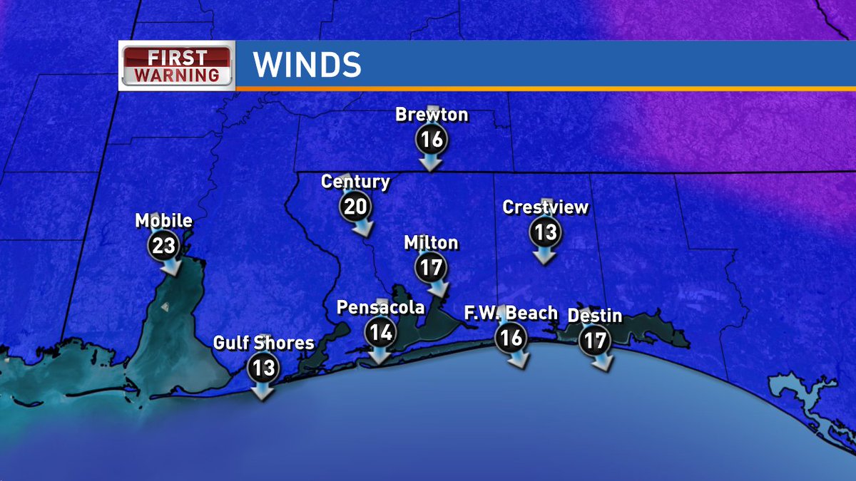 MegWJZ's tweet photo. Strong north winds in the wake of today's cold front! A look at tonight's bone chilling temps on @weartv #FLWX https://t.co/CYV12LRrcN