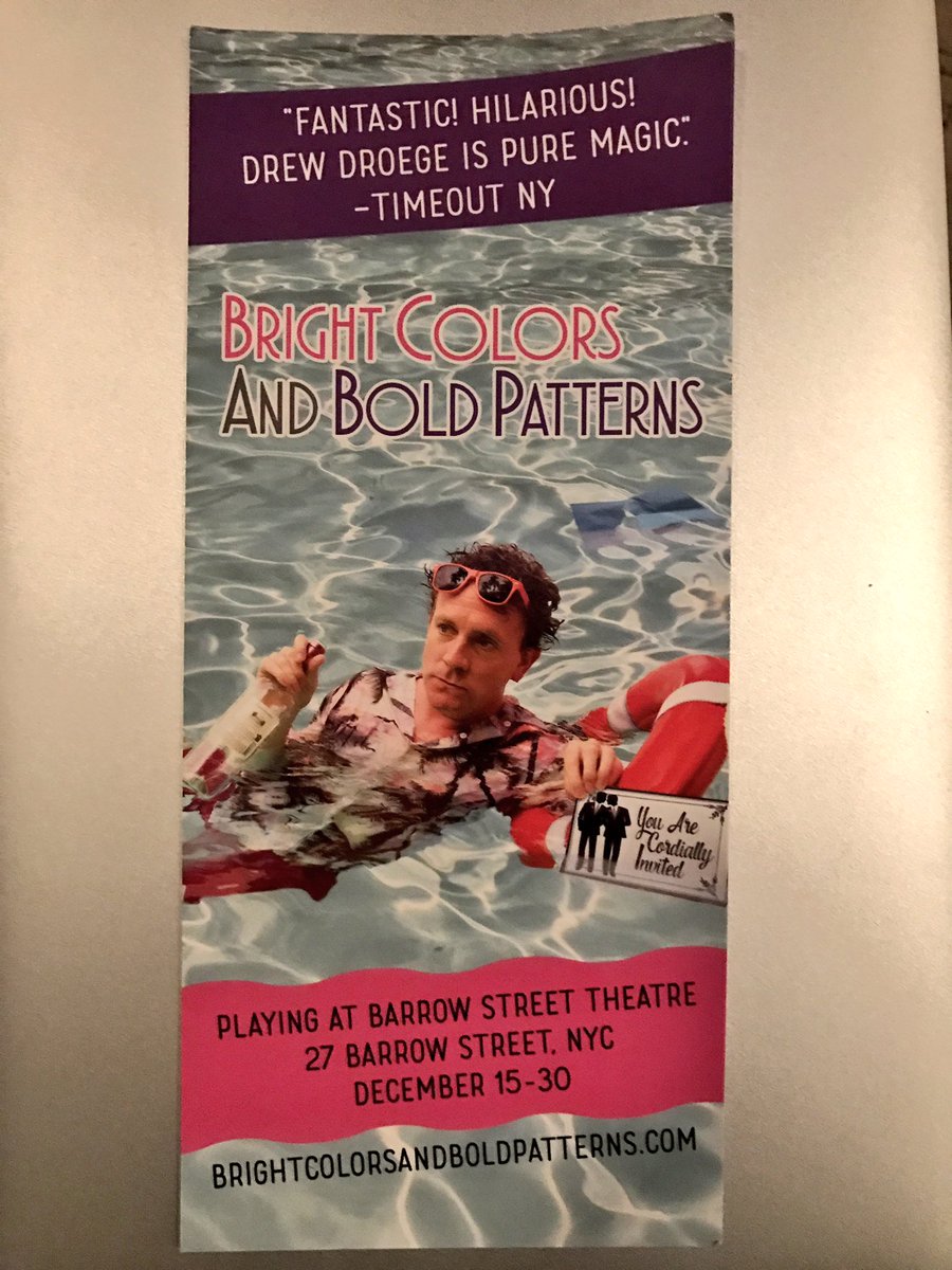 nickkroll's tweet photo. Wow. Just saw my friend @drewdroege show BRIGHT COLORS AND BOLD PATTERNS directed by @michaelurie and it's fantastic. So so funny &amp; moving. https://t.co/IXVbDWmoFS