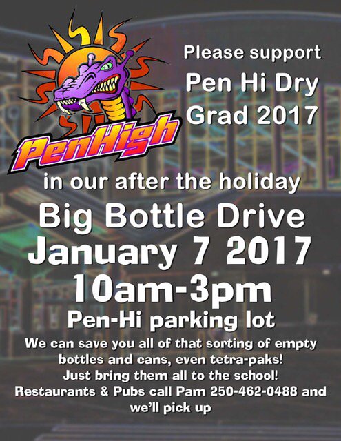 PENHI67's tweet photo. Support Dry Grad 2017 by bringing your recyclables to Pen Hi on Sat, Jan 7th! #sd67 @pentictonherald @PentictonNews https://t.co/SCxLPEdqpM