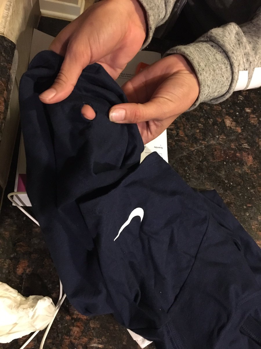 TX_AmberNicole's tweet photo. Wow! Remember when @Nike took pride in their work. Nothing like a hole in my new shirt from the rage being seen in incorrectly. #nikefailed https://t.co/JAOtQ4q1VF
