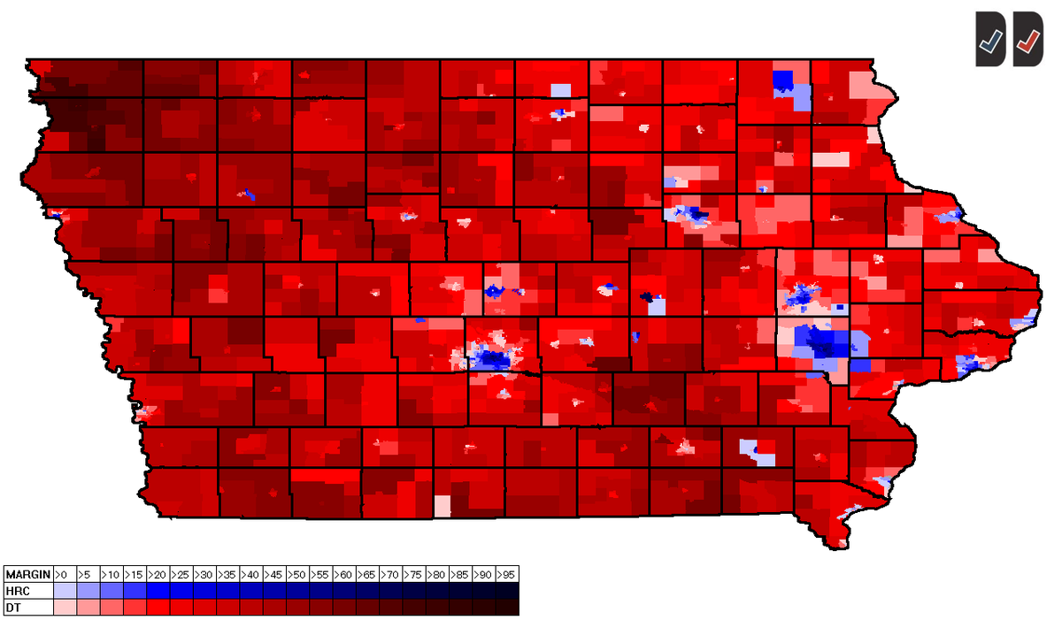 JMilesColeman's tweet photo. Iowa 2016 by precinct. Trump (red) - 51.2%, Clinton (blue) - 41.7%. https://t.co/CEM3fMWBai