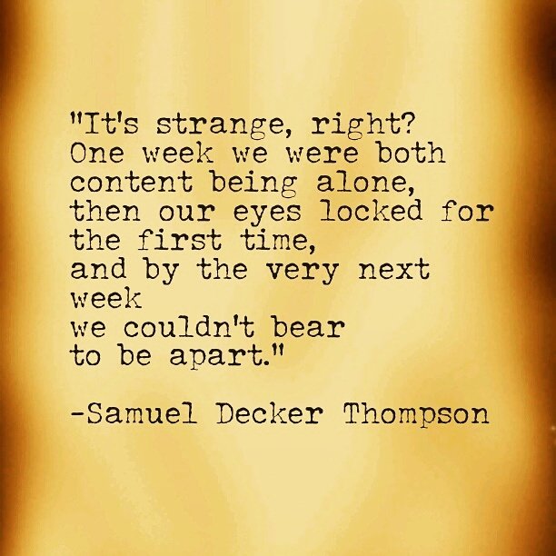 SamuelDeckerT's tweet image. "It's strange, right?  
One week we were both content being alone,
then our eyes locked for the first time,
and by the very next week ...