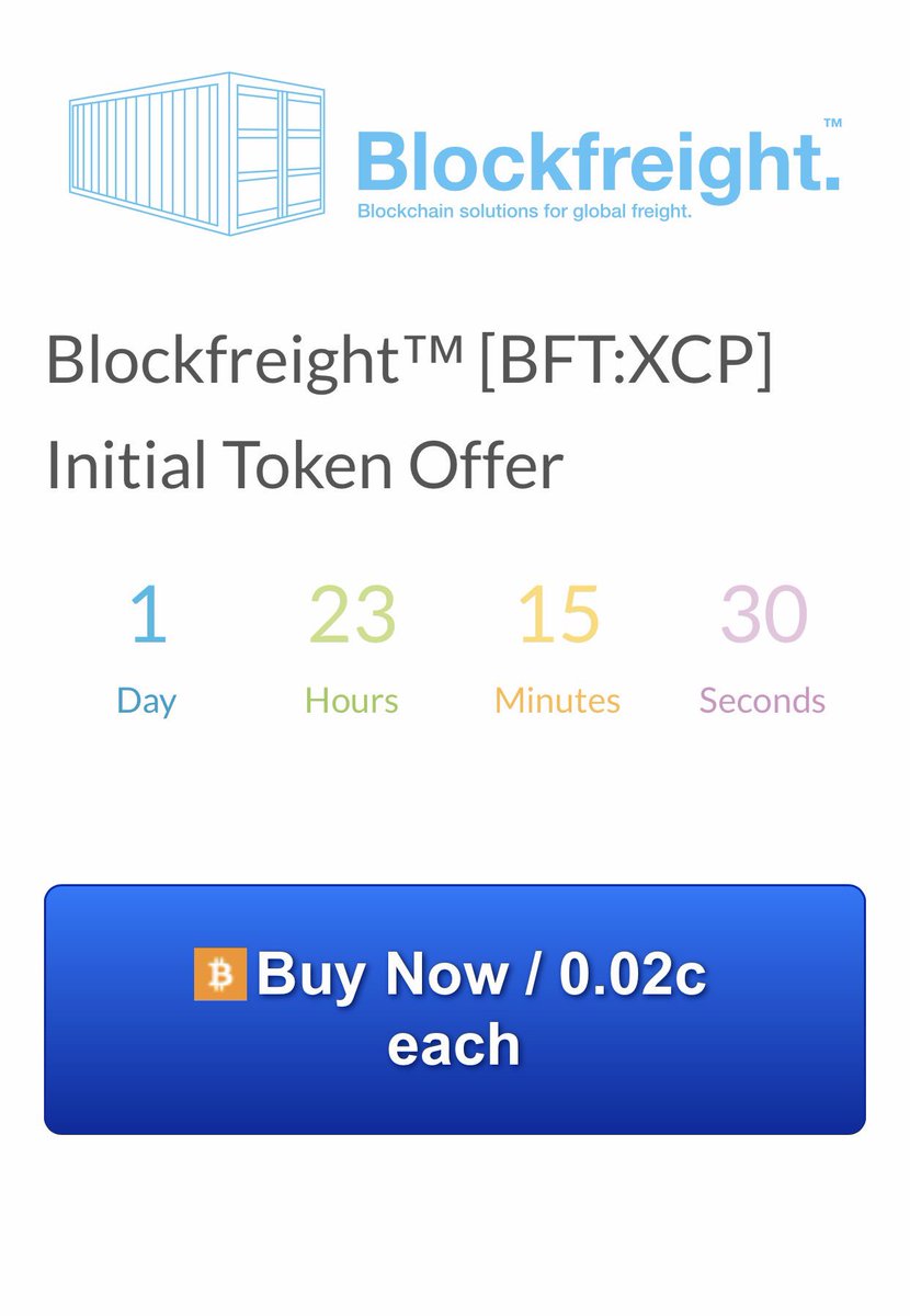 Blockfreight's tweet photo. Ending soon. #Blockfreight Token [BFT:XCP] 2c Ends at Midnight Dec 31 GMT. Next Release at 5c. https://t.co/4MA9aqEYNR https://t.co/B3GlgXiyLF