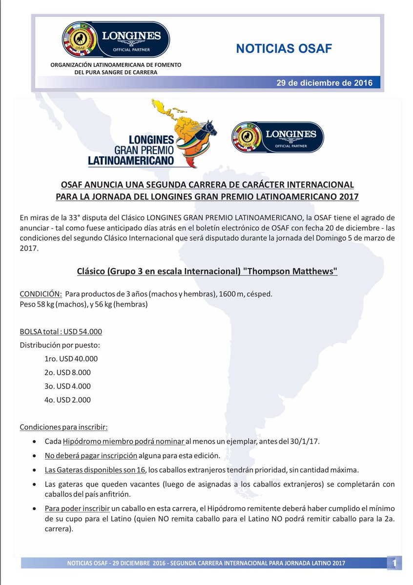 osafweb's tweet photo. BOLETÍN INFORMATIVO: Segunda carrera internacional para jornada del Latino 2017. 29/12/2016 https://t.co/VBUAaCeAyM