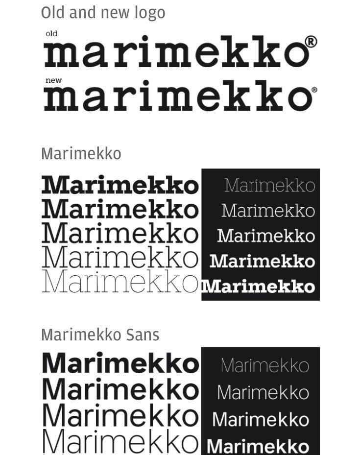Mariekko A Twitter マリメッコ展で面白かったのが 創業時のロゴの没デザインを見られたこと ハサミや女の子のイラストがあしらわれていて 親しみやすいけど今とは全然違うイメージ 現在のロゴはオリベッティのタイプライターのフォントを元にしたシンプルなもの