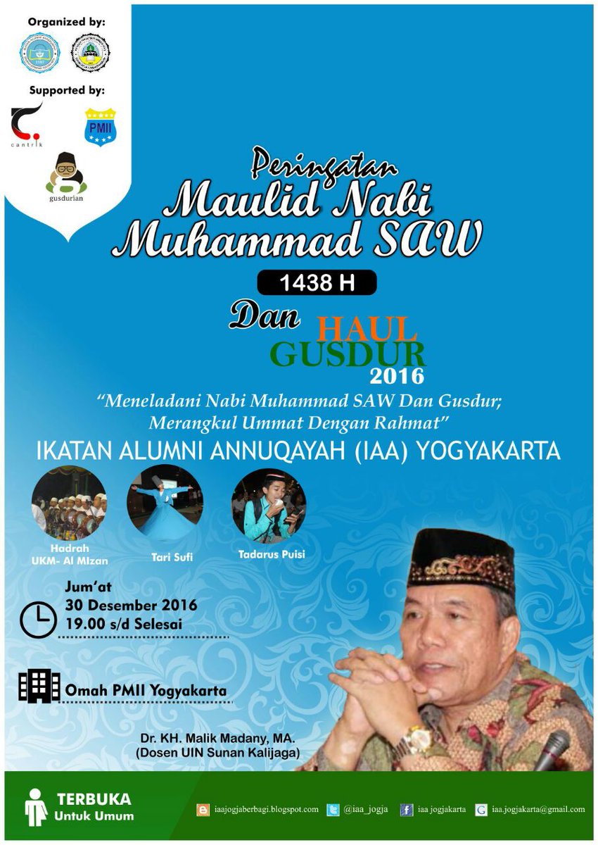 Yang ada di #jogja dan sekitarnya. Monggo silahkan hadir di acara maulid nabi dan haul Gusdur yang di selenggarakan oleh teman teman IAA
