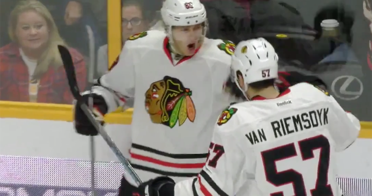 theScore's tweet photo. VIDEO: Patrick Kane rips shot past Pekke Rinne for 700th career point. https://t.co/SiwxvJ2skm https://t.co/CLyxJ455SU