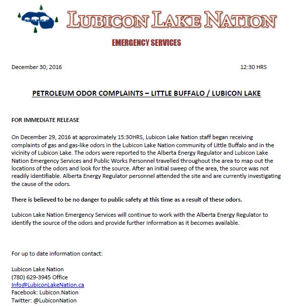 LubiconNation's tweet photo. #Lubicon Emergency Services respond to reports of gas odors in Little Buffalo &amp; Lubicon Lake. Chief Ominayak &amp; Council monitoring situation https://t.co/rwgIDHVQzO