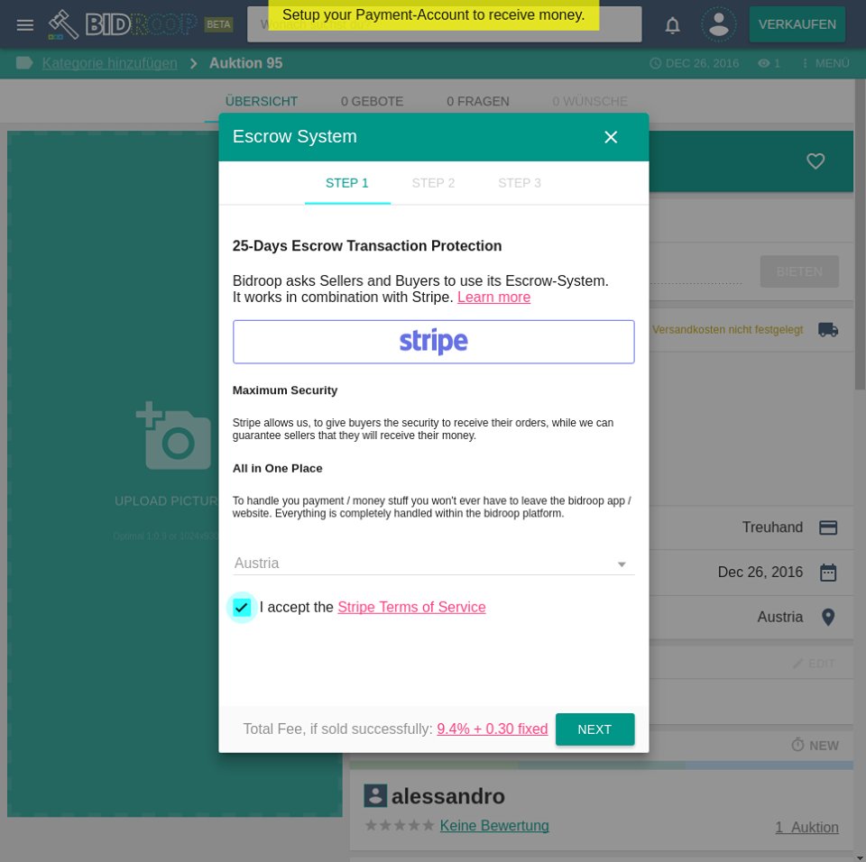 bidroop's tweet photo. Checkout our Escrow-System featuring @Stripe as Payment processor. Maximum security for buyers and sellers. #auction #sell #buy #shop #money https://t.co/FGTKD9s6cG