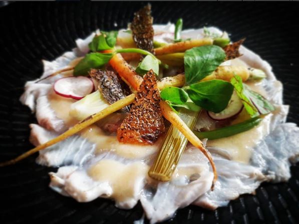 #regram “torched #hiramasakingfish carpaccio, miso, baby veg, Kingfish crackling.” The perfect summer dish. Pic: #goodsshed
